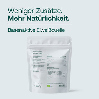 Effective Nature Basisches Bio Protein 1000g, weiße Standbodenbeutel-Verpackung mit Bio-Siegel, Nährwerttabelle sichtbar