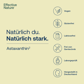 Effective Nature Astaxanthin Infografik mit Siegeln: vegan, glutenfrei, laktosefrei, gentechnikfrei, laborgeprüft,...