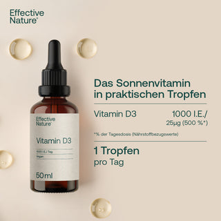 Effective Nature Vitamin D3 Tropfen, 50ml Braunglasflasche mit Pipette, Etikett zeigt 1000 I.E., vegan