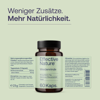 Effective Nature Weidenrinde 60 Kapseln, braunes Glasflakon, grünes Etikett, 50mg Salicin, vegan, Produktfoto