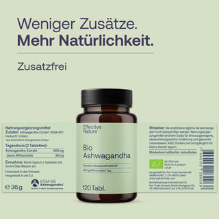 Effective Nature Bio Ashwagandha KSM-66, 120 Tabletten, Braunglasflasche, Bio-Siegel, 600mg Extrakt, zusatzfrei