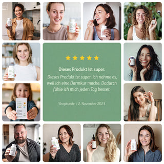 Collage mit Kundenbewertung: mehrere Personen halten Combi Flora Produkte, 5-Sterne-Rezension auf Grün