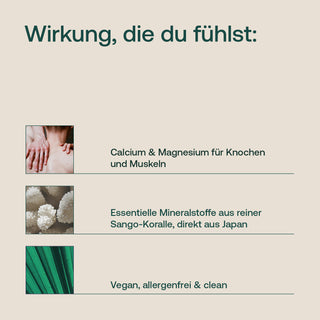 Infografik zu Sango-Koralle Nahrungsergänzungsmittel mit Calcium & Magnesium, vegan & allergenfrei, beige Design