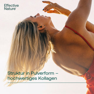 Frau in rotem Bikini-Oberteil posiert dynamisch, Text: „Struktur in Pulverform – hochwertiges Kollagen", Effective Nature...