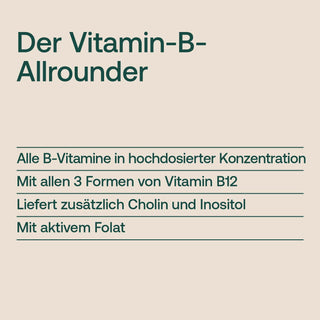 Infografik: Vitamin-B-Komplex Allrounder mit B12, Folat, Cholin und Inositol – Text auf beigem Hintergrund