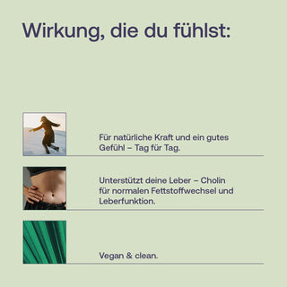 Infografik mit Text „Wirkung, die du fühlst", drei Bildmotiven und Hinweisen zu Cholin sowie „Vegan & clean