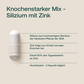 Infografik: Effective Nature Kapsel „Knochenstarker Mix – Silizium mit Zink" auf hellem Hintergrund