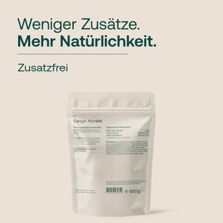 Sango Koralle Pulver 500g weißes Standbeutel-Päckchen mit Nährwerttabelle und Text „Zusatzfrei