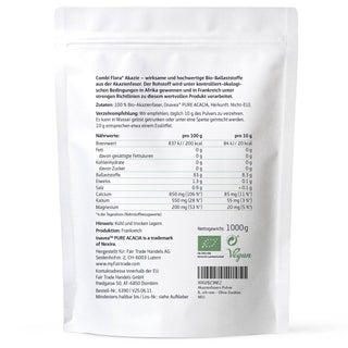 Combi Flora Akazie Bio-Pulver 1000g, weißer Standbeutel, Rückseite mit Nährwertangaben, Bio- und Vegan-Siegel