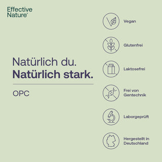 Effective Nature OPC Infografik mit Siegeln: Vegan, Glutenfrei, Laktosefrei, Frei von Gentechnik, Laborgeprüft,...