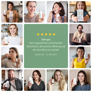 Collage mit Kundenbewertung 5 Sterne: Mehrere Personen halten Combi Flora Produkte, darunter Kapseln, Tropfen und...