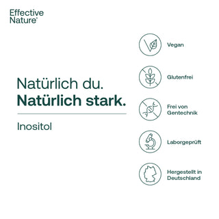 Effective Nature Inositol Infografik mit Siegeln: vegan, glutenfrei, gentechnikfrei, laborgeprüft, hergestellt in Deutschland