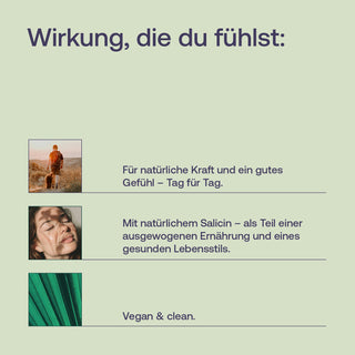 Infografik mit Text "Wirkung, die du fühlst", Fotos einer Person, Frau und Pflanze, Hinweis: vegan & clean