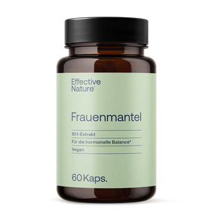 Effective Nature Frauenmantel Kapseln, braunes Glasfläschchen, hellgrünes Etikett, 10:1-Extrakt, vegan, 60 Kaps.