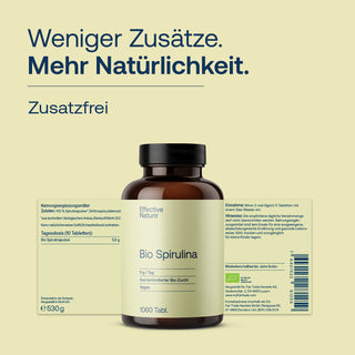 Effective Nature Bio Spirulina, 1060 Tabletten, braune Glasflasche, Bio-Siegel, vegan, 530g, Etikett mit Produktinfos