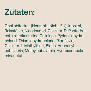 Zutaten-Liste auf beigem Hintergrund: Cholinbitartrat, Inositol, Nicotinamid, Biotin, Methylcobalamin