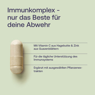 Effective Nature Immunkomplex Kapsel – Infografik mit Vitamin C aus Hagebutte, Zink aus Guavenblättern