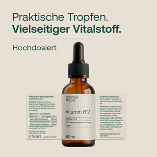 Effective Nature Vitamin B12 Tropfen, 50ml Braunglasflasche mit Pipette, Etikett: 1000µg/Tag, vegan, 3 Formen