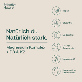 Infografik Effective Nature Magnesium Komplex D3 K2 mit Siegeln: Vegan, Glutenfrei, Laktosefrei, Gentechnikfrei,...