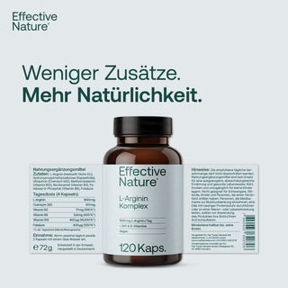 Effective Nature L-Arginin Komplex, 120 Kapseln, braune Glasflasche mit weißem Etikett, vegan, 1840 mg L-Arginin