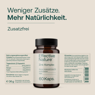 Effective Nature Zink Komplex, 60 Kapseln, braunes Glasfläschchen, Etikett mit Inhaltsstoffen, Vegan, aus Buchweizen