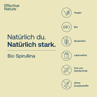 Infografik Bio Spirulina von Effective Nature mit Siegeln: Vegan, Bio, Glutenfrei, Laktosefrei, Frei von Gentechnik, Ohne...