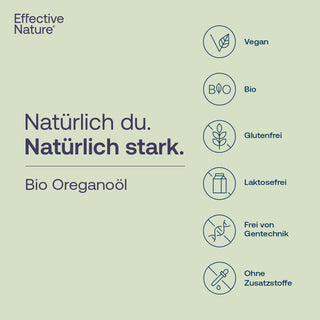 Infografik Bio Oreganoöl von Effective Nature mit Siegeln: Vegan, Bio, Glutenfrei, Laktosefrei, Frei von Gentechnik, Ohne...