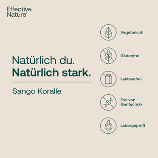 Effective Nature Sango Koralle Infografik mit Siegeln: Vegetarisch, Glutenfrei, Laktosefrei, Frei von Gentechnik,...