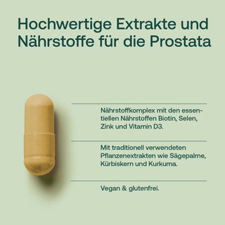 Infografik: Prostata-Kapsel in Goldbraun mit Text zu Biotin, Selen, Zink, Vitamin D3, Sägepalme, Kürbiskern, Kurkuma, vegan