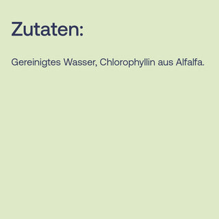 Zutaten-Grafik Chlorophyllin Tropfen: Gereinigtes Wasser, Chlorophyllin aus Alfalfa – hellgrüner Hintergrund