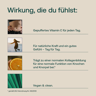 Infografik zu gepuffertem Vitamin C mit veganen Produkteigenschaften – Effective Nature
