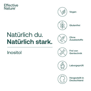 Effective Nature Inositol Infografik mit Siegeln: vegan, glutenfrei, ohne Zusatzstoffe, gentechnikfrei, laborgeprüft,...