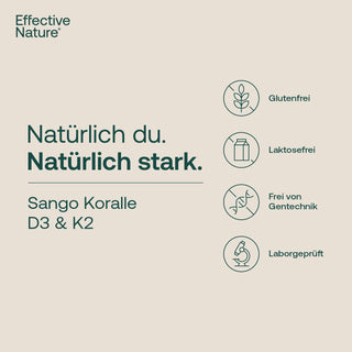 Infografik Effective Nature Sango Koralle D3 & K2 – glutenfrei, laktosefrei, gentechnikfrei, laborgeprüft