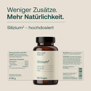 Effective Nature Silizium² Braunglasflasche 180 Kapseln, Etikett mit 245mg/Tag, hochdosiert, vegan, 85g