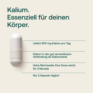 Kalium Kapsel Infografik – 800 mg Kaliumcitrat, 2 Kapseln täglich, Dose für 3 Monate