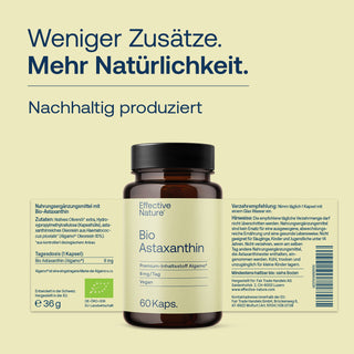Effective Nature Bio Astaxanthin, 60 Kapseln, Braunglasflasche, Bio-Siegel, vegan, 8 mg, Algamo®, 36 g