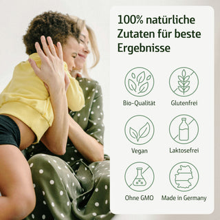 Infografik mit Mutter und Kind: Bio-Qualität, glutenfrei, vegan, laktosefrei, ohne GMO, Made in Germany