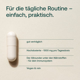 Weiße Kapsel auf beigem Hintergrund, Infografik mit Text: gut verträglich, 1000 mg, vegan & rein