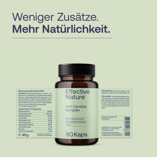 Effective Nature Anti Candida Komplex, 90 Kapseln, Braunglas, Etikett mit 13 Pflanzenstoffen, vegan, grüner Hintergrund