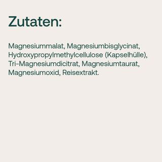 Zutaten-Liste Magnesiummalat, Magnesiumbisglycinat, Tri-Magnesiumdicitrat, Magnesiumtaurat, Magnesiumoxid auf hellem...