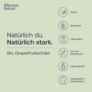 Infografik Bio Grapefruitextrakt von Effective Nature mit Siegeln: vegan, glutenfrei, laktosefrei, gentechnikfrei,...