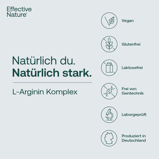 Effective Nature L-Arginin Komplex Infografik mit Siegeln: vegan, glutenfrei, laktosefrei, gentechnikfrei, laborgeprüft,...