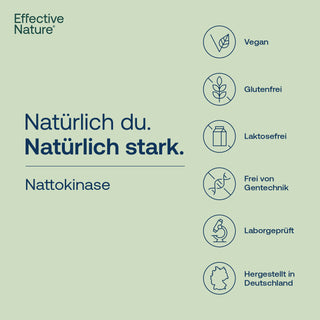 Effective Nature Nattokinase Infografik mit Siegeln: vegan, glutenfrei, laktosefrei, gentechnikfrei, laborgeprüft,...