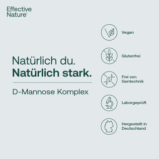 Effective Nature D-Mannose Komplex Infografik mit Vegan-, Glutenfrei-, Gentechnikfrei- und Laborgeprüft-Siegel,...