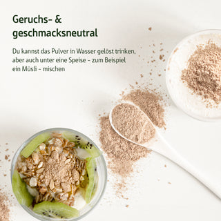 Pulverpräparat auf weißem Löffel neben Müslischale mit Kiwi und Granola, Text: Geruchs- & geschmacksneutral