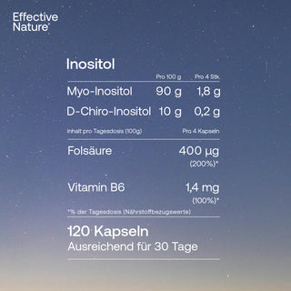 Effective Nature Inositol Nährwerttabelle – Myo-Inositol, D-Chiro-Inositol, Folsäure, Vitamin B6, 120 Kapseln