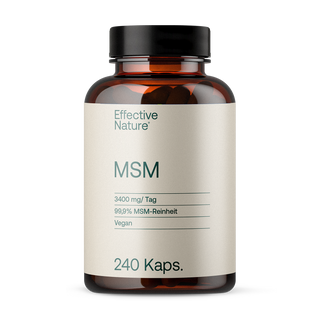 Effective Nature MSM Kapseln, braune Glasflasche, cremefarbenes Etikett, 240 Kaps., 3400 mg, vegan