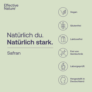 Effective Nature Safran Infografik mit Siegeln: vegan, glutenfrei, laktosefrei, gentechnikfrei, laborgeprüft, hergestellt...