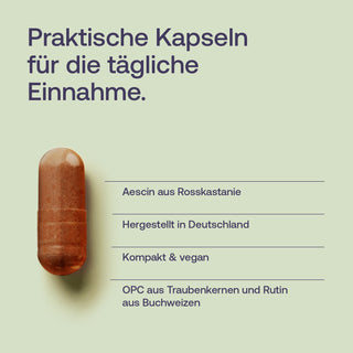 Infografik: Braune Kapsel auf hellgrünem Hintergrund mit Text zu Aescin, OPC, Rutin, vegan, Made in Germany