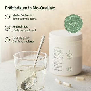 Combi Flora Inulin Pulver 450g weißer Behälter mit Bio-Siegel, Glas Wasser mit Löffel, Infografik
